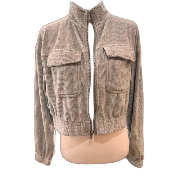 Aerie Corduroy Velour Cropped Zip Up Jacket Light Gray Soft Stretch Women’s M - Picture 2 of 7